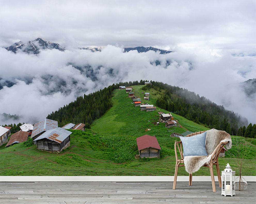 Yayla ve Bulutlar Manzaralı Duvar Kağıdı - Dağ Evi ve Doğa Temalı Poster