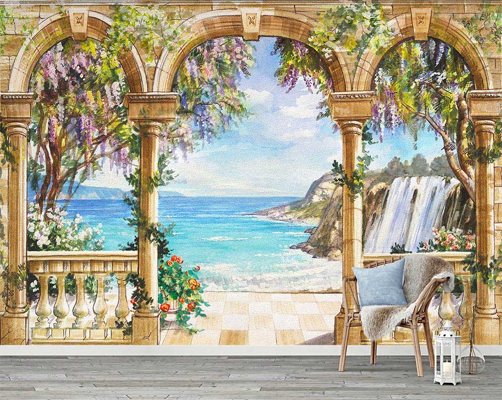 Poster Duvar Kağıdı - Şelaleli Akdeniz Kıyısı ve Balkon Manzarası Tasarımı