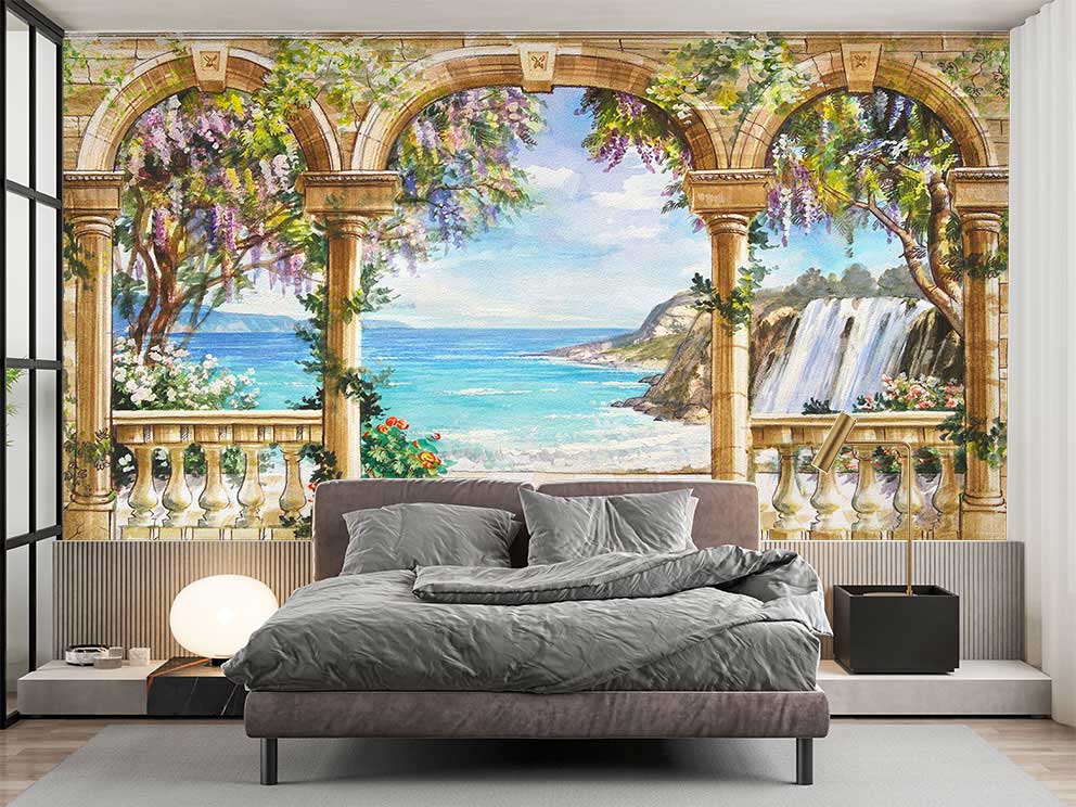 Poster Duvar Kağıdı - Şelaleli Akdeniz Kıyısı ve Balkon Manzarası Tasarımı - Görsel 2