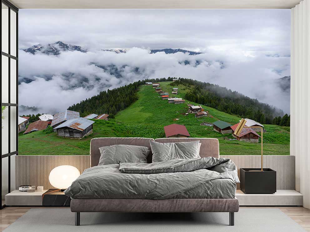 Yayla ve Bulutlar Manzaralı Duvar Kağıdı - Dağ Evi ve Doğa Temalı Poster - Görsel 2