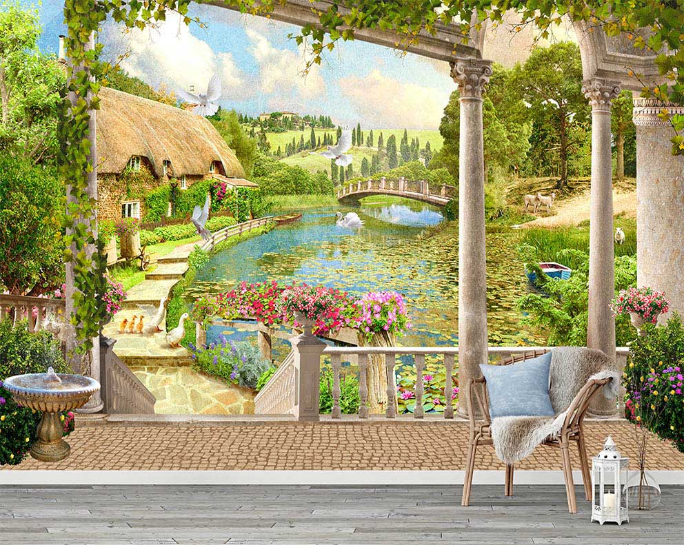 Doğal Göl ve Kır Evi Manzaralı Poster Duvar Kağıdı