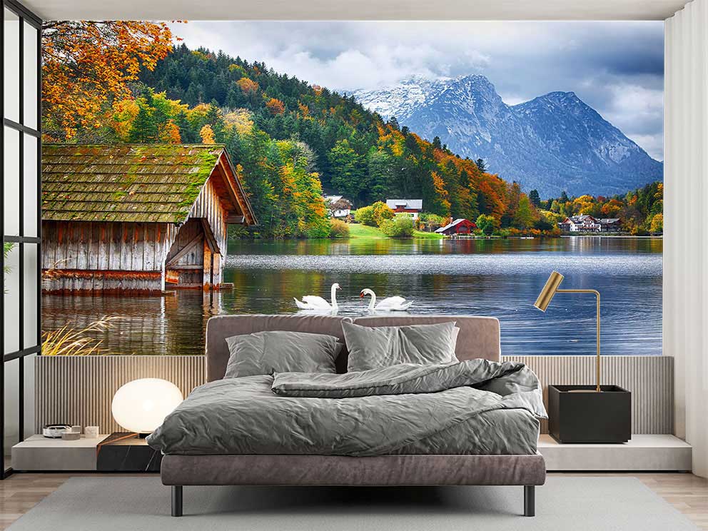 Göl ve Dağ Manzaralı Duvar Kağıdı - Kuğular ve Huzur Temalı Poster - Görsel 2