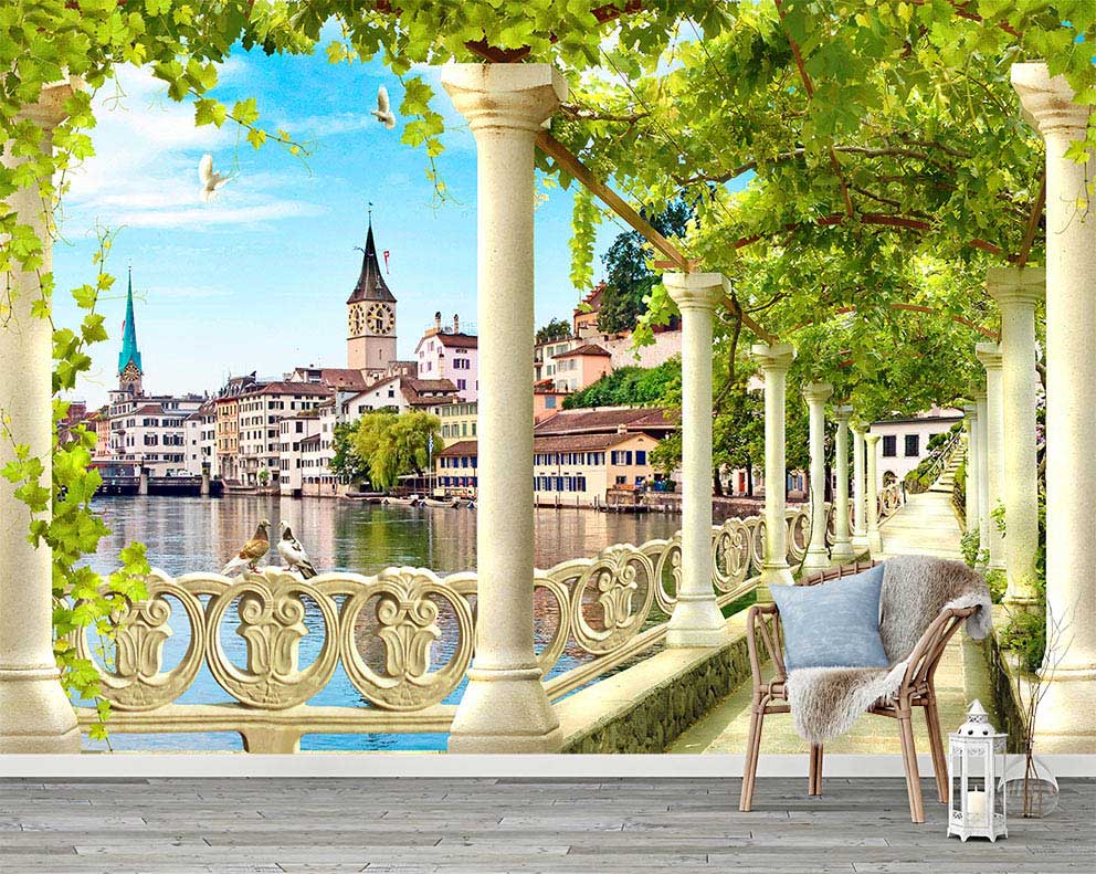 Şehir Manzaralı Sütunlu Poster Duvar Kağıdı