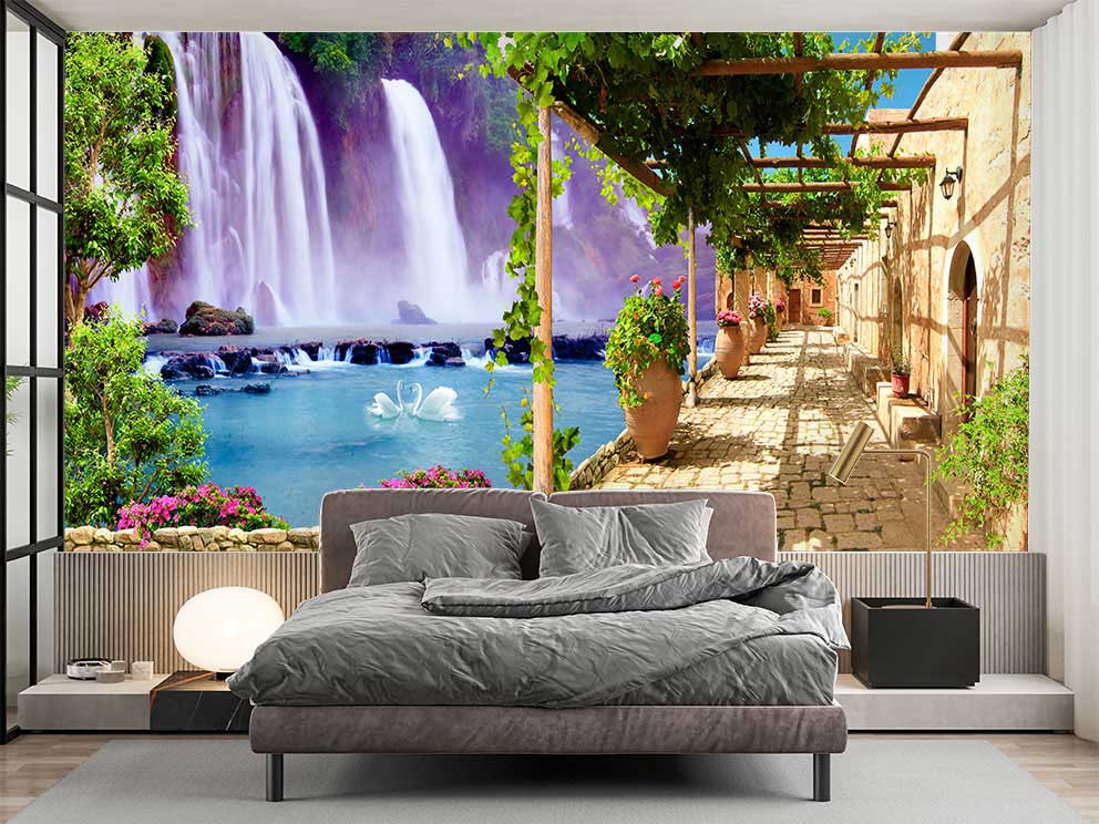 Şelale ve Göl Manzaralı Pergola Desenli Poster Duvar Kağıdı - Görsel 2