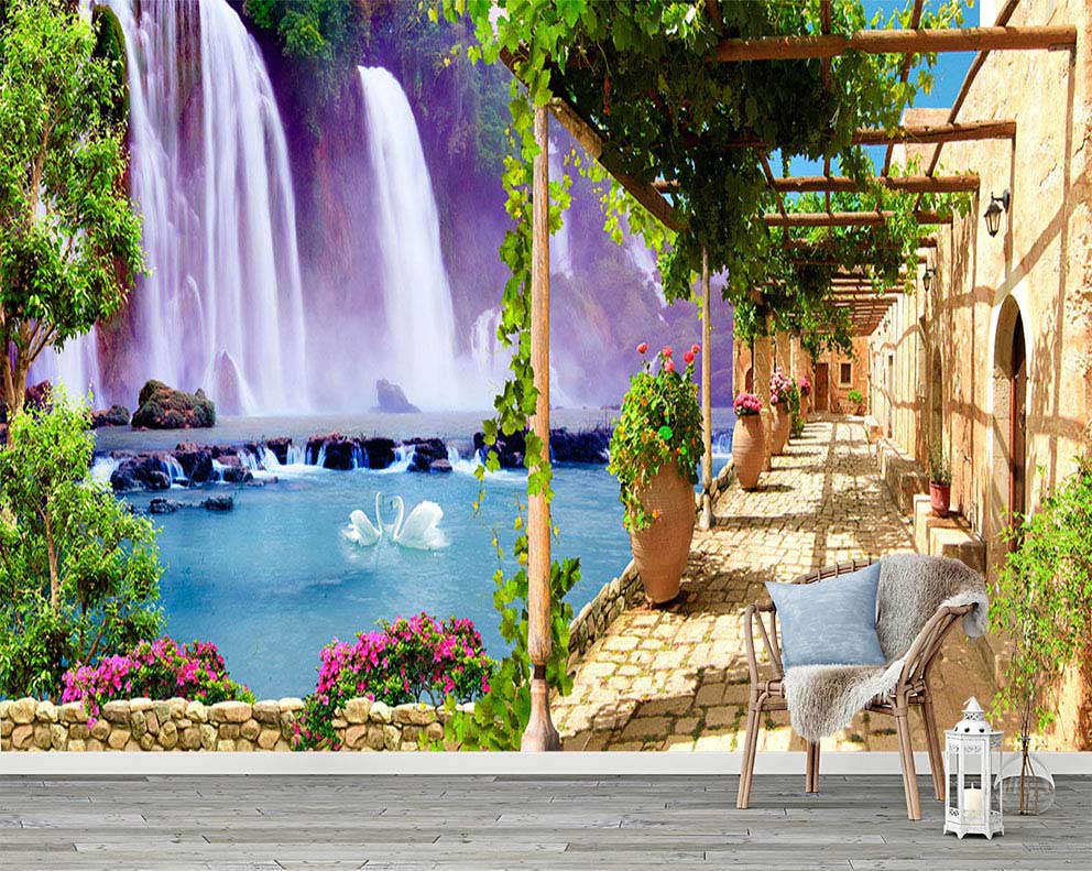 Şelale ve Göl Manzaralı Pergola Desenli Poster Duvar Kağıdı