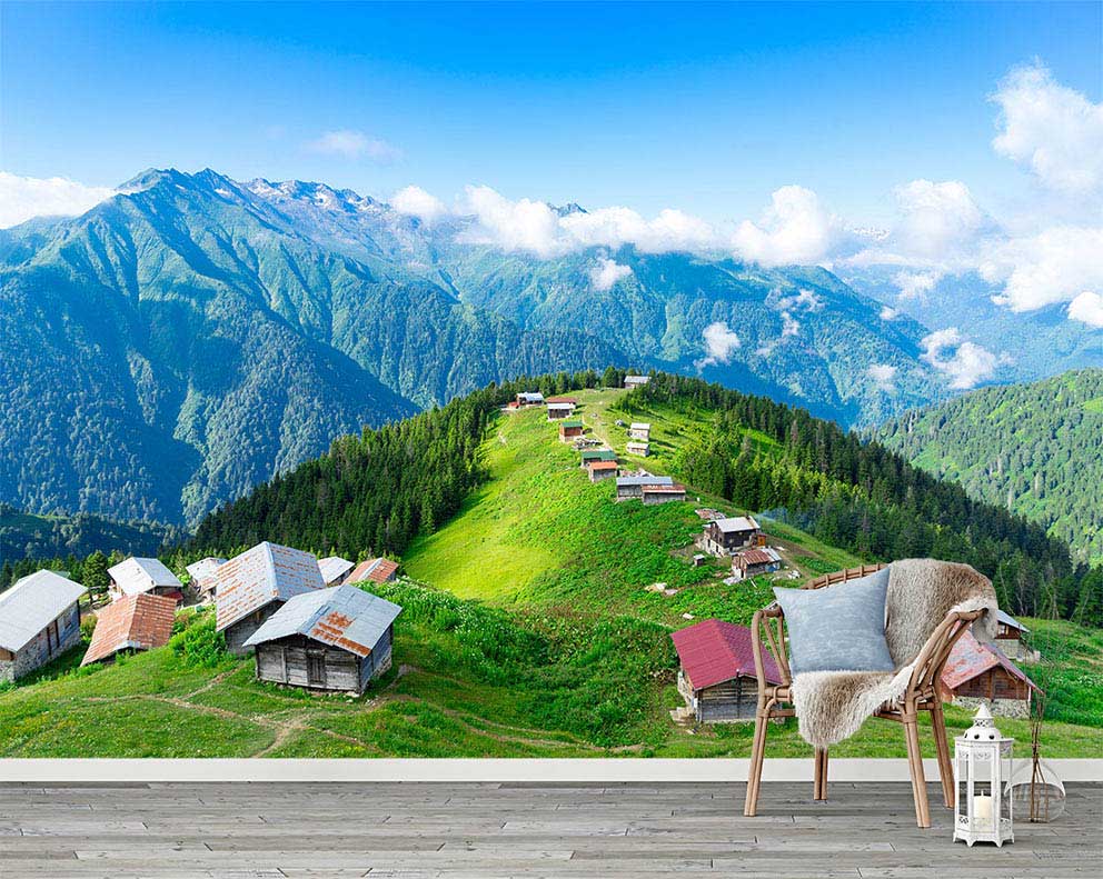 Yayla ve Dağ Manzaralı Duvar Kağıdı - Yeşil Doğa ve Huzur Temalı Poster