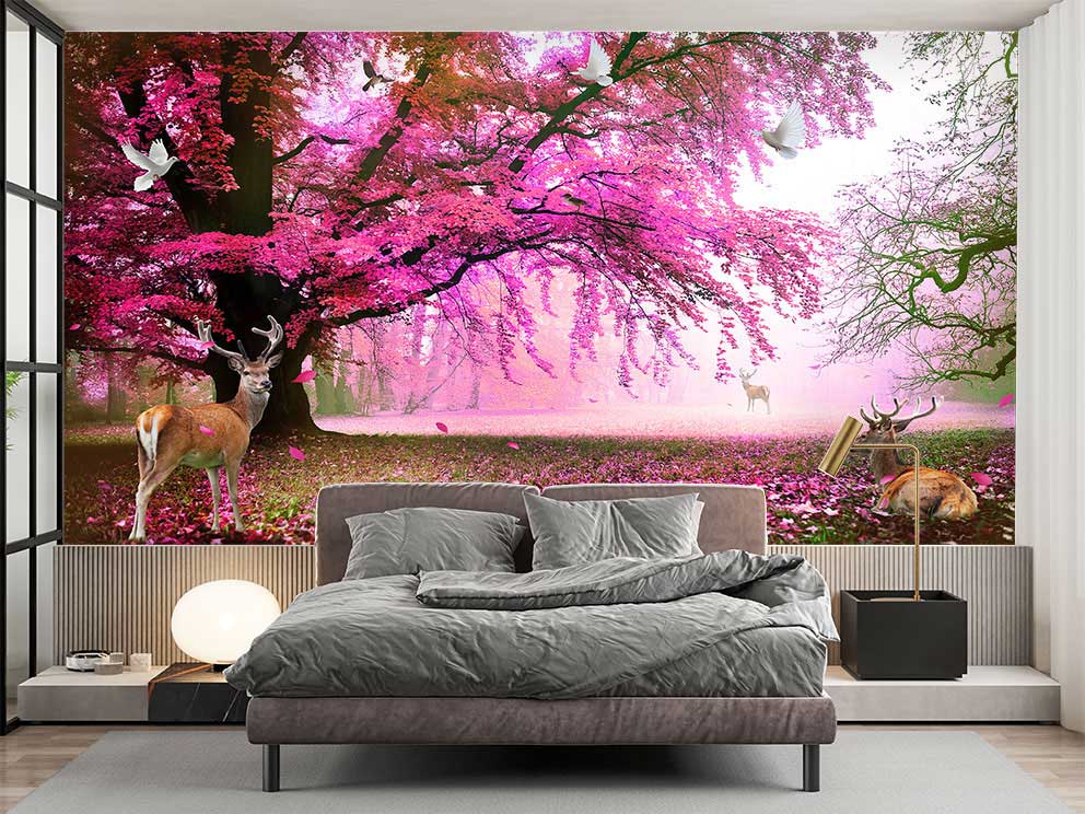 Pembe Ağaçlar ve Geyik Manzaralı Duvar Kağıdı - Doğa ve Masalsı Temalı Poster - Görsel 2