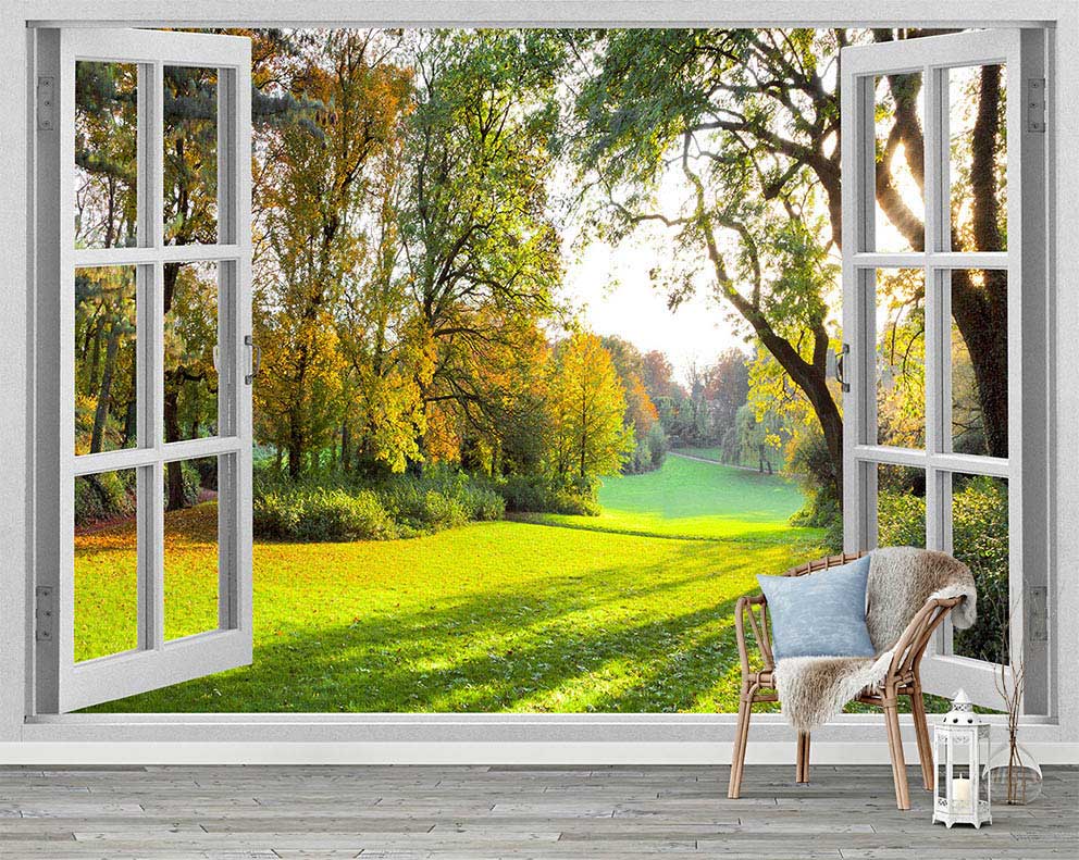 Pencere Manzaralı Orman ve Çim Alan Duvar Kağıdı - Doğa ve Huzur Temalı Poster