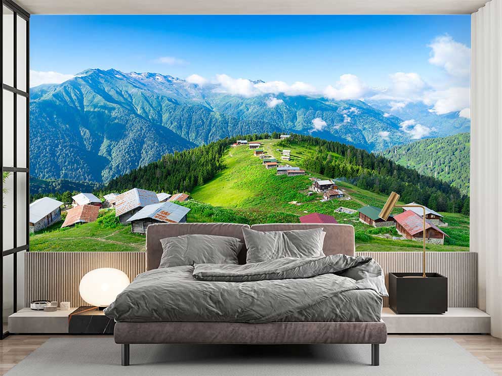 Yayla ve Dağ Manzaralı Duvar Kağıdı - Yeşil Doğa ve Huzur Temalı Poster - Görsel 2
