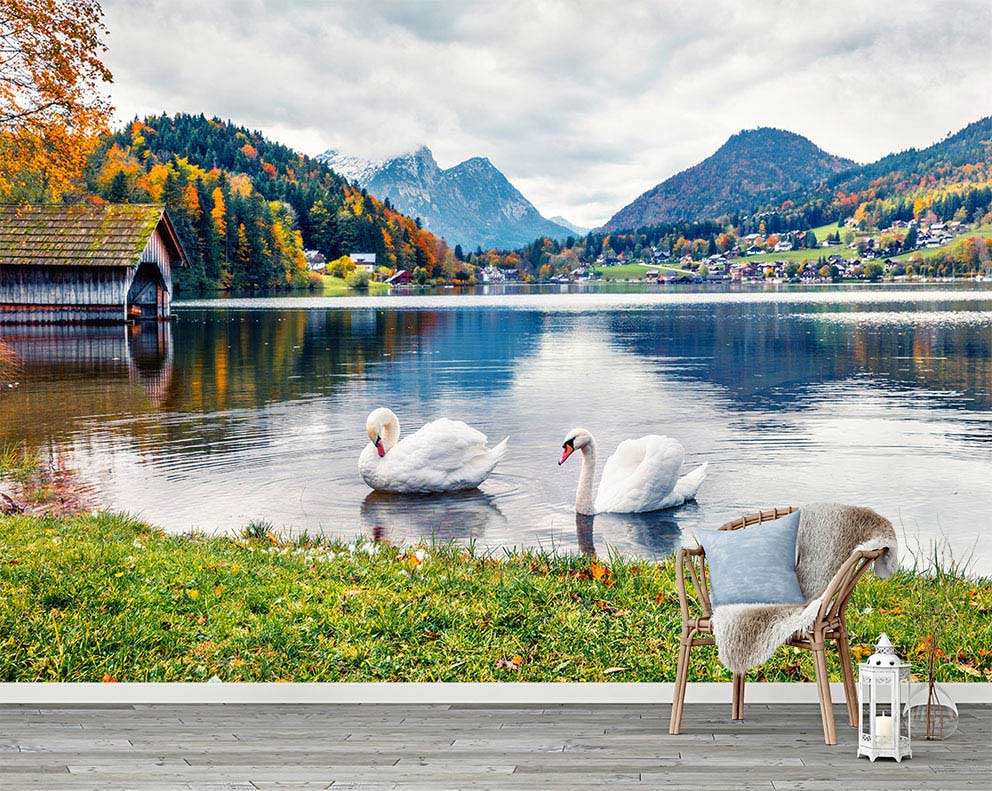 Kuğular ve Göl Manzaralı Duvar Kağıdı - Dağlar ve Huzur Temalı Poster