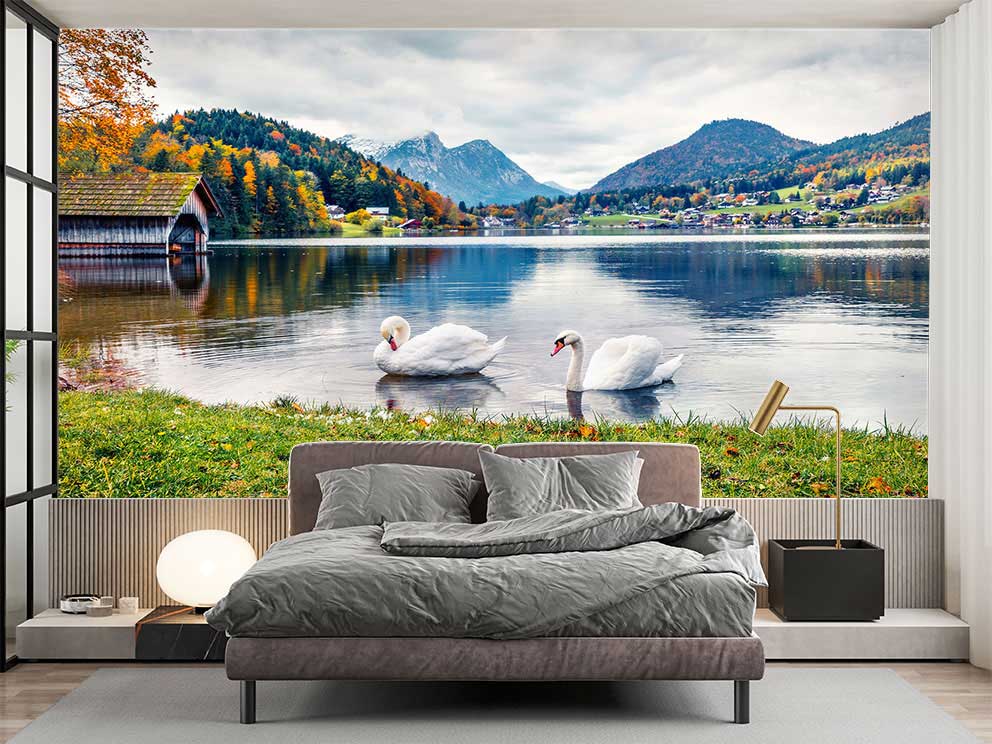 Kuğular ve Göl Manzaralı Duvar Kağıdı - Dağlar ve Huzur Temalı Poster - Görsel 2