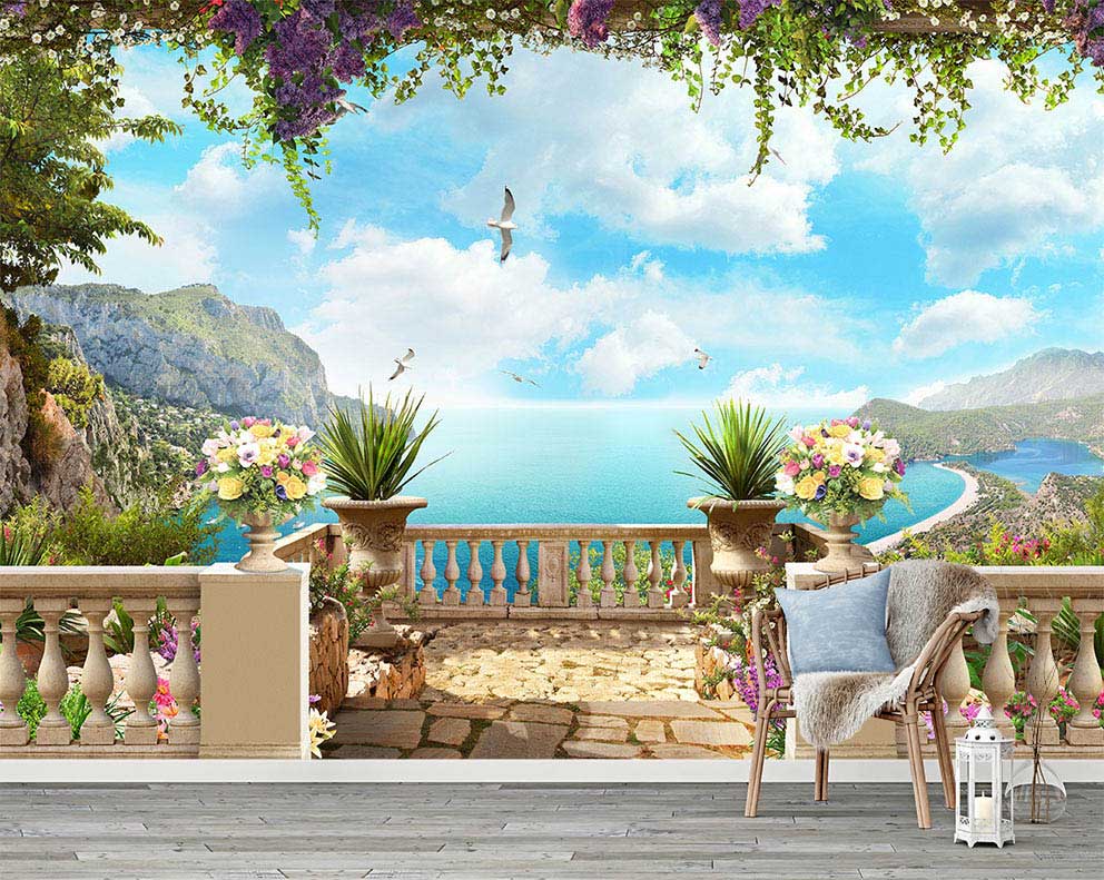 Deniz ve Dağ Manzaralı Balkon Görünümlü Duvar Kağıdı