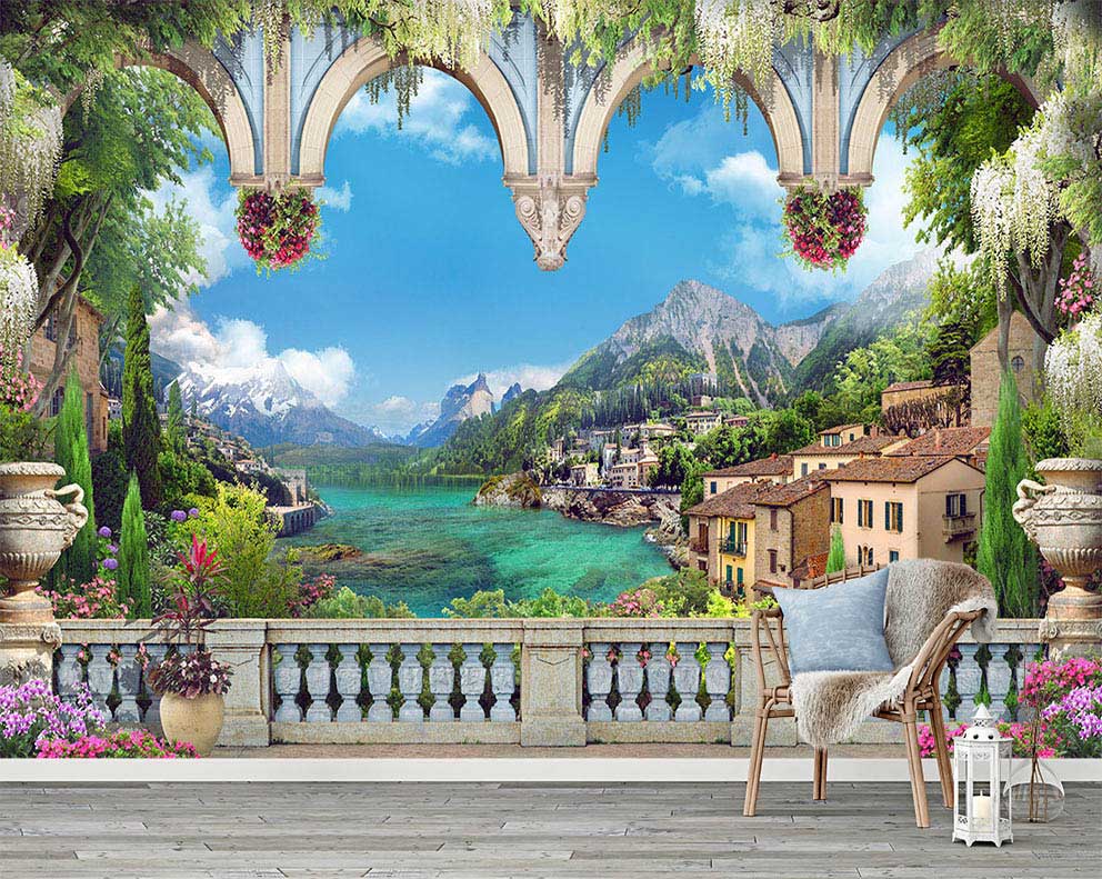 Akdeniz Kıyısı ve Dağ Manzaralı Duvar Kağıdı - Balkon ve Doğa Temalı Poster