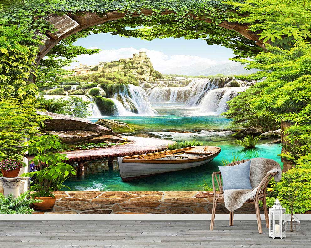 Şelale ve Tekne Manzaralı Duvar Kağıdı - Doğa ve Huzur Temalı Poster