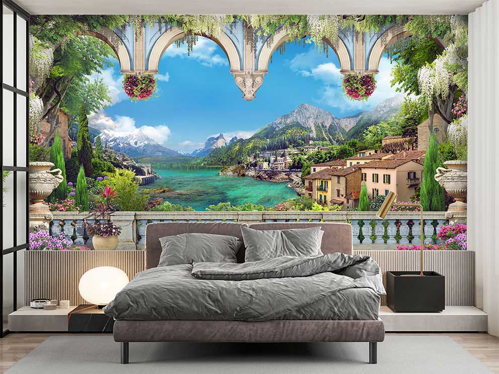 Akdeniz Kıyısı ve Dağ Manzaralı Duvar Kağıdı - Balkon ve Doğa Temalı Poster - Görsel 2