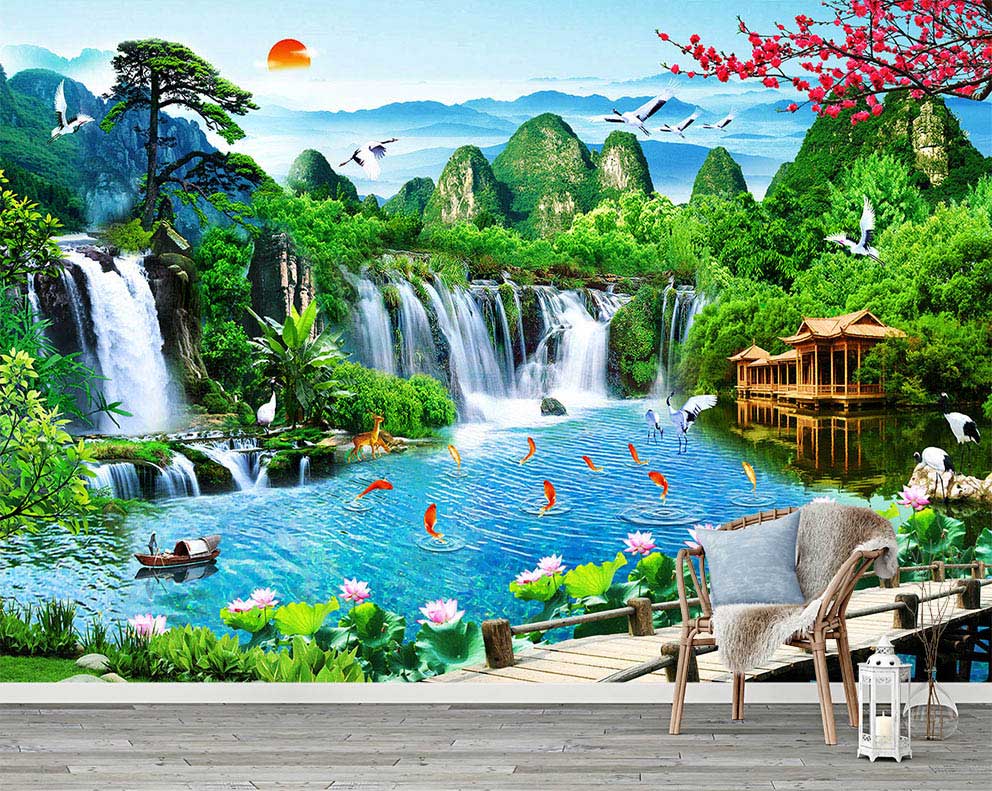 Fantezi Şelale ve Göl Manzaralı Kişiye Özel Duvar Kağıdı - Doğa ve Huzur Temalı Poster