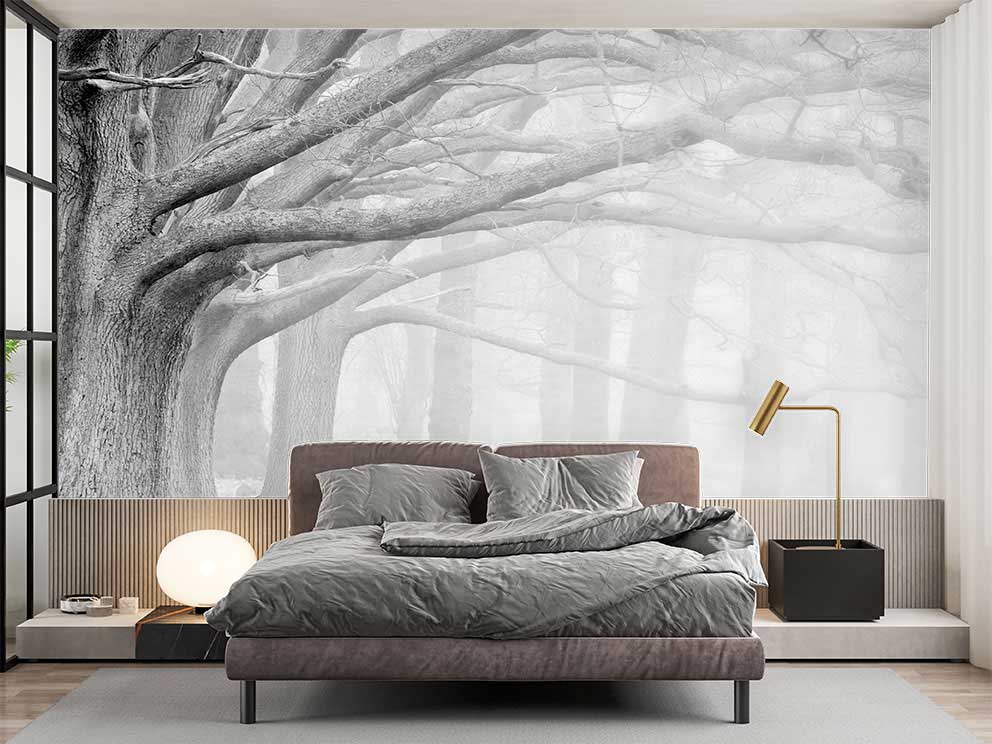 Siyah Beyaz Ağaç ve Orman Manzaralı Duvar Kağıdı - Minimalist Doğa Temalı Poster - Görsel 2