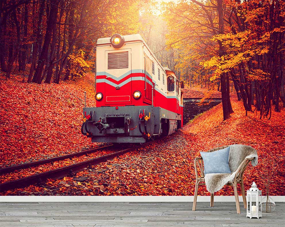 Sonbahar Ormanı ve Kırmızı Tren Manzaralı Duvar Kağıdı - Doğa ve Yolculuk Temalı