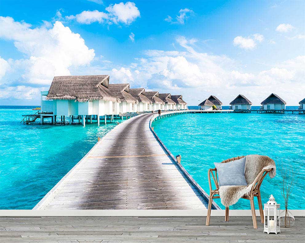 Tropikal Deniz Üzeri Bungalovlar - Huzurlu Manzara Poster Duvar Kağıdı