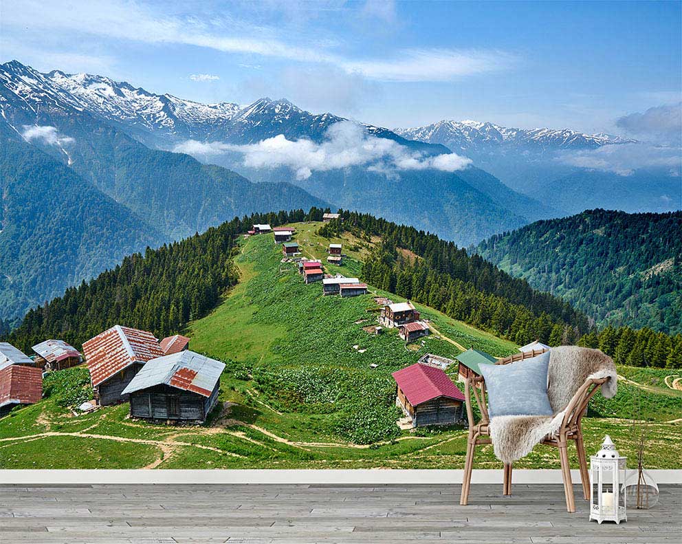 Huzurlu Dağ Manzarası Poster Duvar Kağıdı - Doğanın Kalbindeki Chaletler