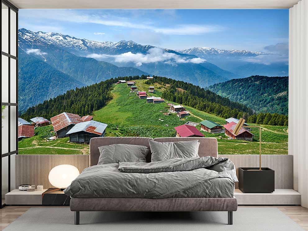 Huzurlu Dağ Manzarası Poster Duvar Kağıdı - Doğanın Kalbindeki Chaletler - Görsel 2