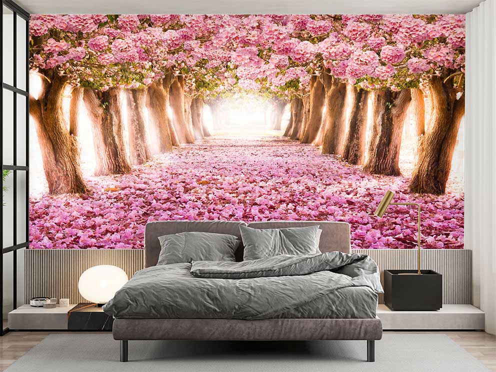 Poster Duvar Kağıdı - Pembe Çiçeklerle Kaplı Ağaçlı Yol Tasarımı - Görsel 2