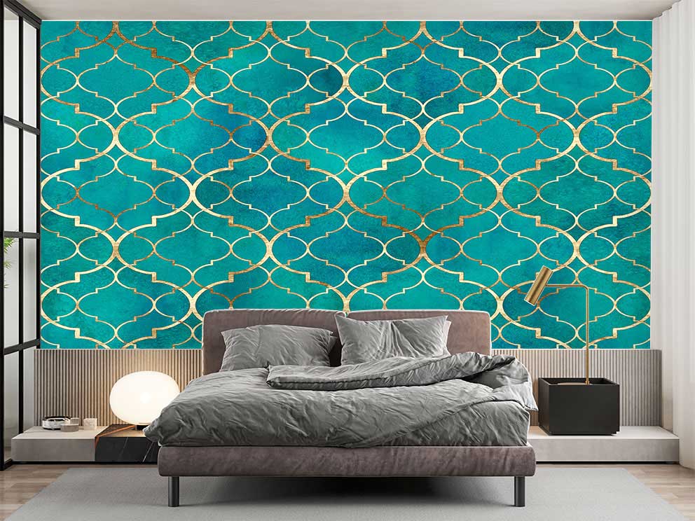 Geometrik Desenli Turkuaz ve Altın Renk Özel Üretim Duvar Kağıdı