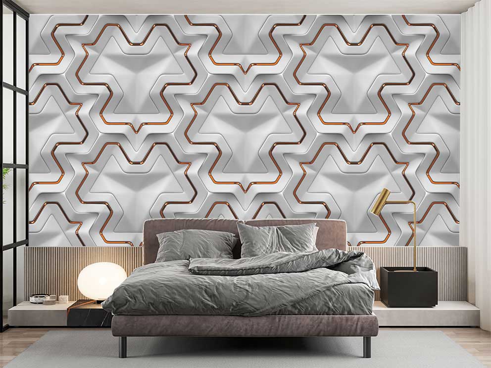 Bronz Çizgili 3D Geometrik Duvar Kağıdı – Modern ve Şık İç Mekan Dekorasyonu