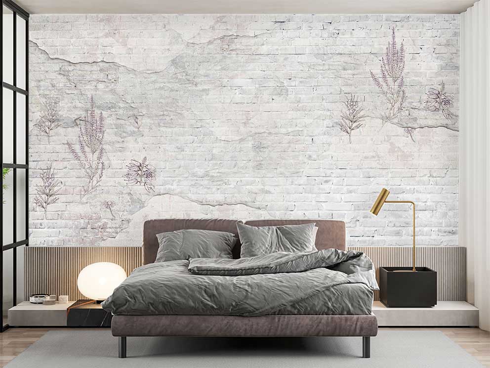 Floral Desenli Beyaz Tuğla Duvar Kağıdı - Görsel 2
