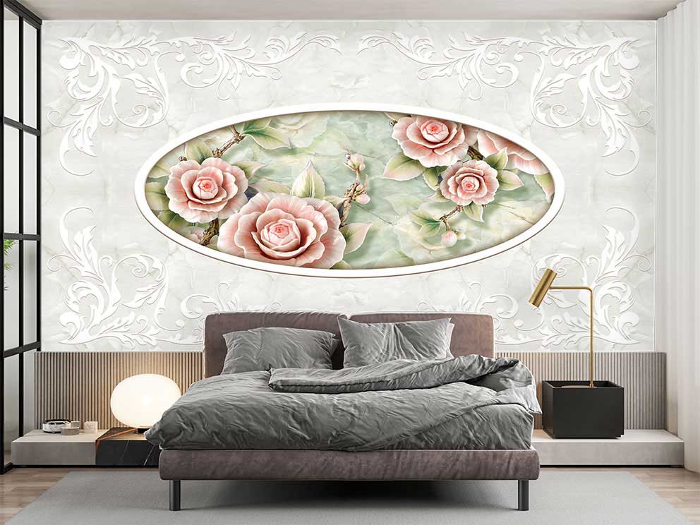 Oval Çerçeve ile Romantik Gül Desenli Duvar Kağıdı - Görsel 2