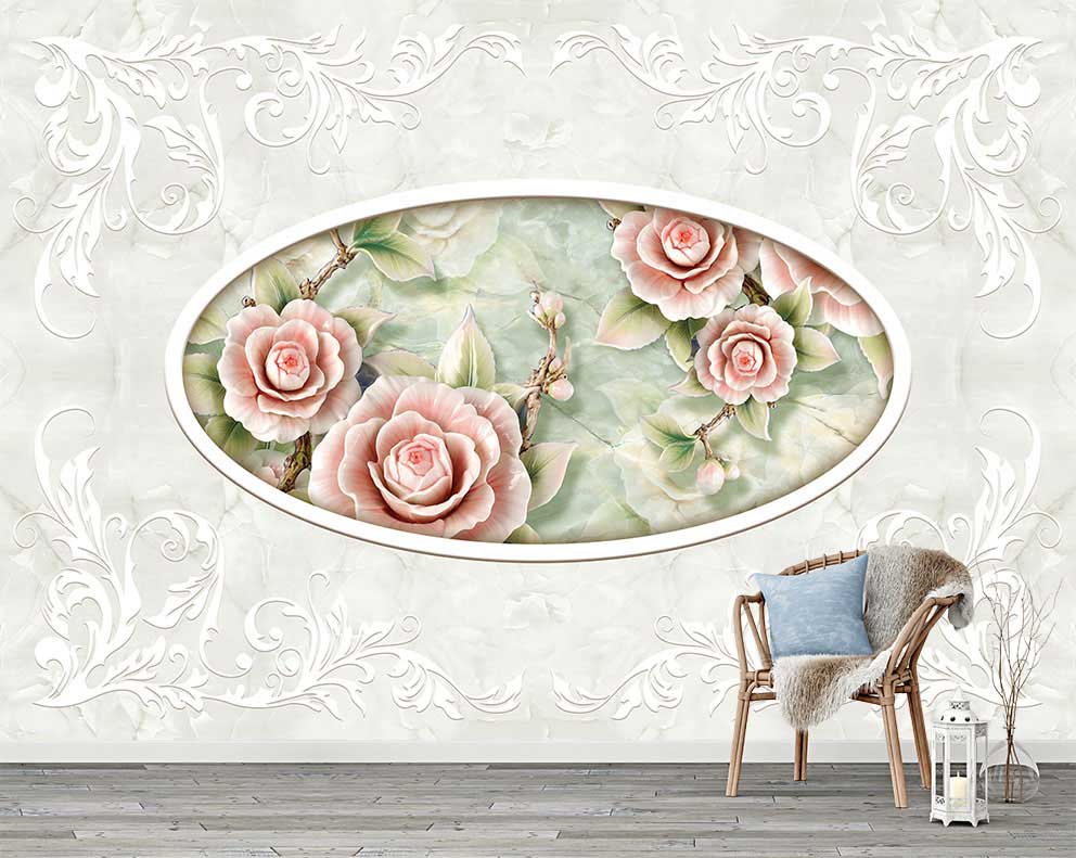 Oval Çerçeve ile Romantik Gül Desenli Duvar Kağıdı