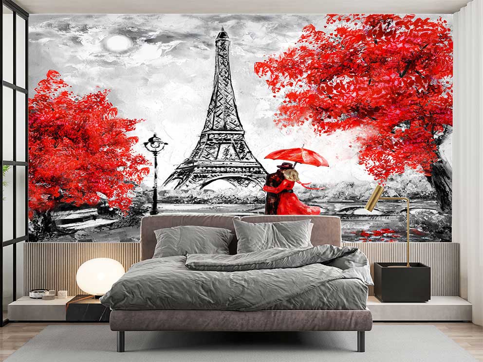 Paris Romantik Manzaralı Duvar Kağıdı – Kırmızı ve Siyah Aşk Temalı Özel Poster