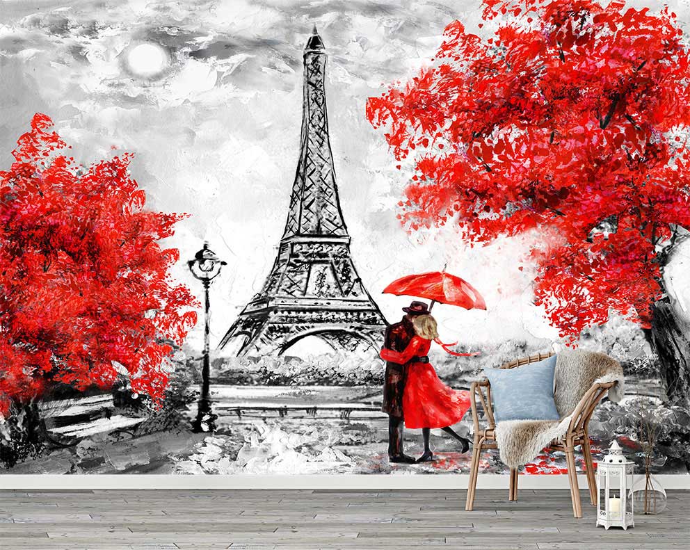 Paris Romantik Manzaralı Duvar Kağıdı – Kırmızı ve Siyah Aşk Temalı Özel Poster