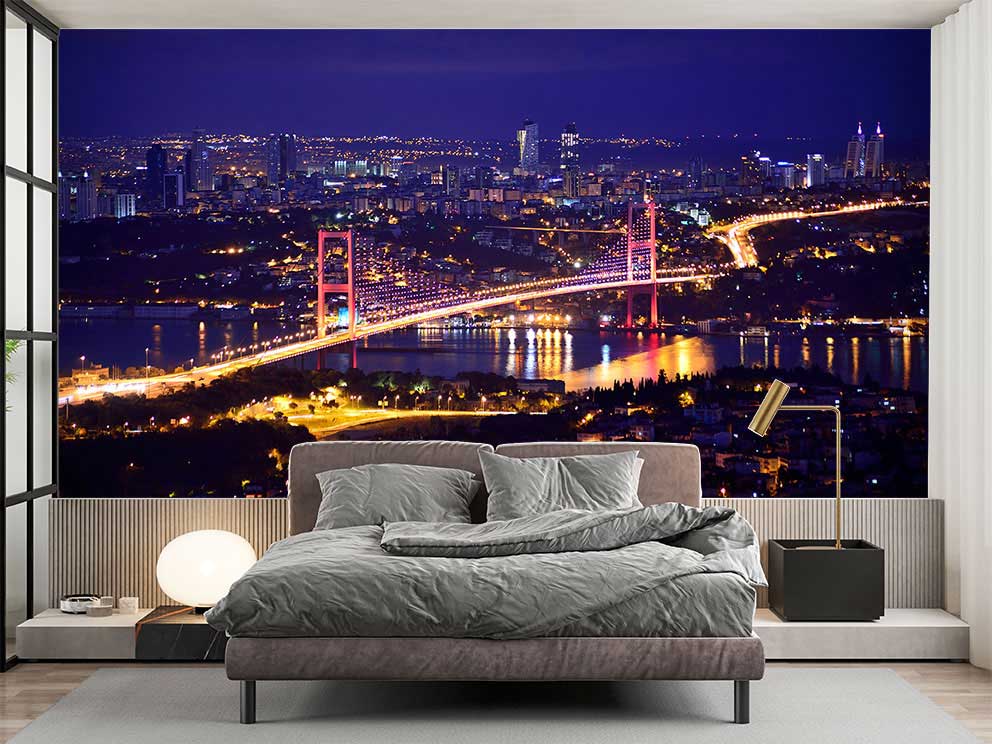 İstanbul Boğazı Gece Manzaralı Duvar Kağıdı – Işıltılı Köprü ve Şehir Özel Poster