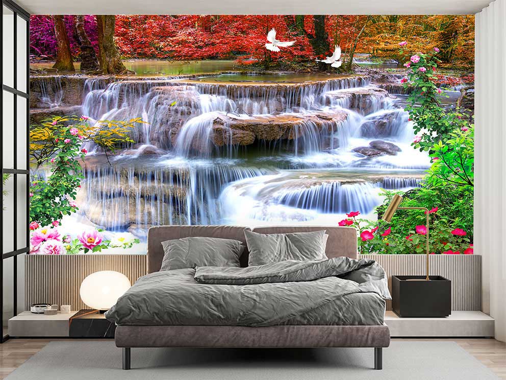Doğa Şelalesi Manzaralı Duvar Kağıdı – Huzur Veren Sonbahar Atmosferi Poster