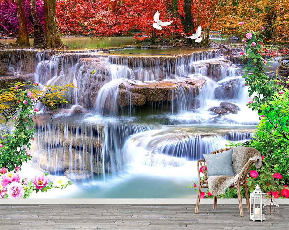 Doğa Şelalesi Manzaralı Duvar Kağıdı – Huzur Veren Sonbahar Atmosferi Poster