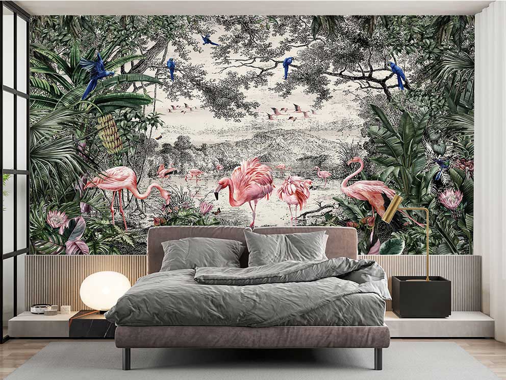 Tropikal Flamingo ve Doğa Manzaralı Duvar Kağıdı - Görsel 2