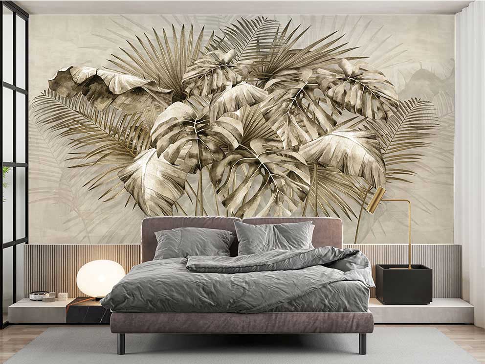 Monstera ve Tropikal Yaprak Desenli 3D Duvar Kağıdı - Görsel 2