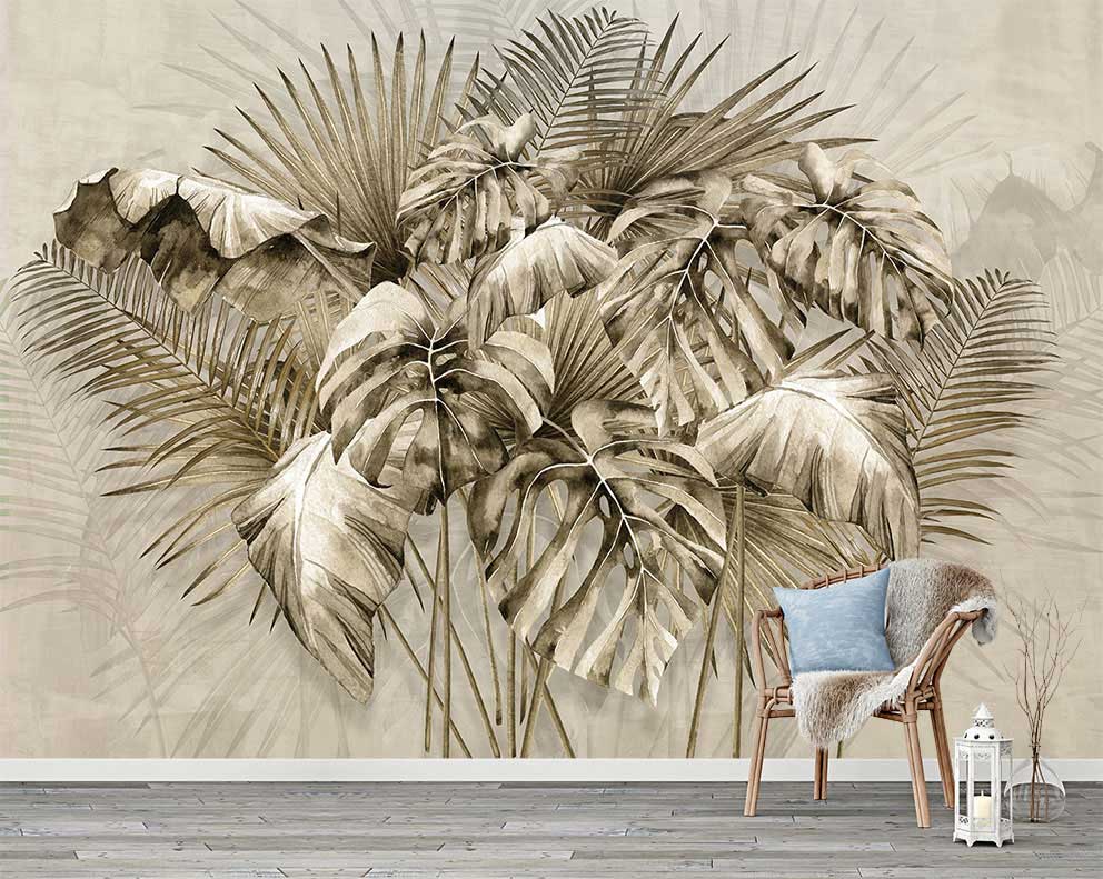Monstera ve Tropikal Yaprak Desenli 3D Duvar Kağıdı