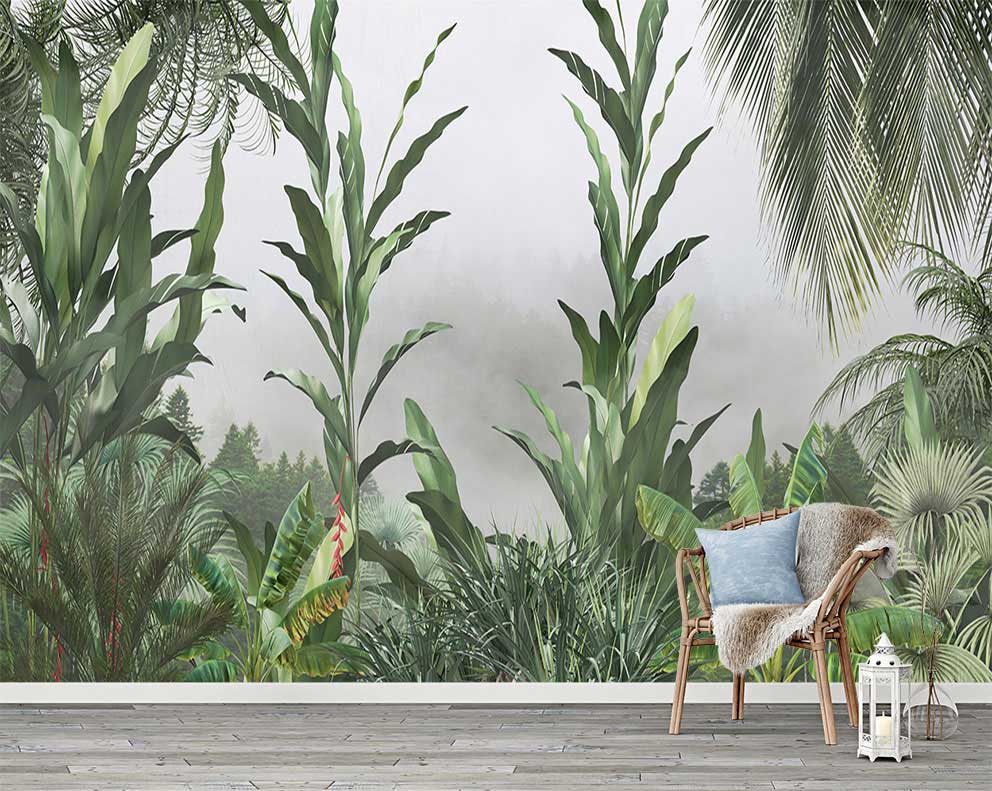Yoğun Yeşillik ve Palmiye Desenli Tropikal Duvar Kağıdı