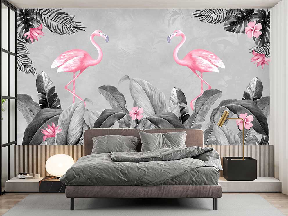 Pembe Flamingolar ve Tropikal Yapraklar Temalı Poster Duvar Kağıdı - Görsel 2