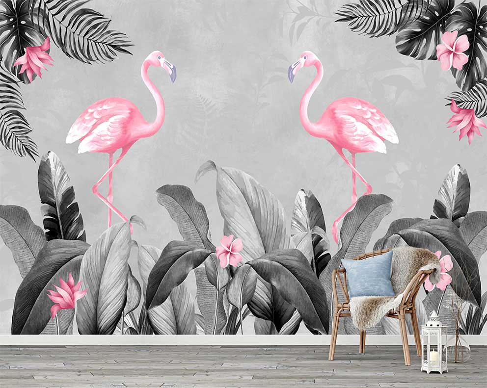 Pembe Flamingolar ve Tropikal Yapraklar Temalı Poster Duvar Kağıdı