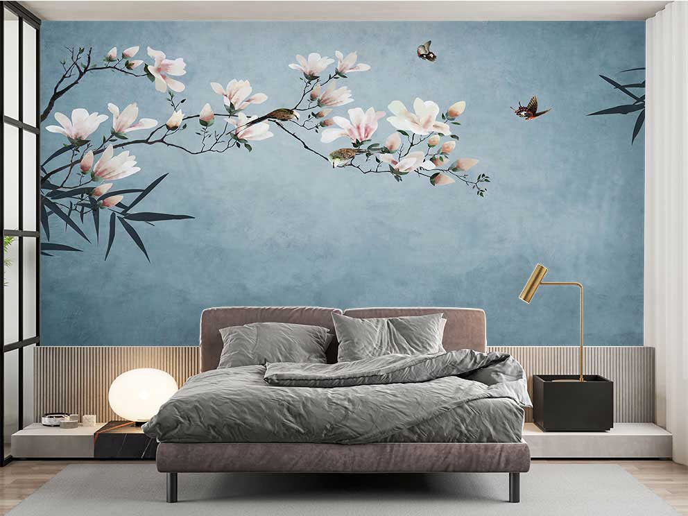 Çiçek ve Kuş Desenli Duvar Kağıdı - Görsel 2