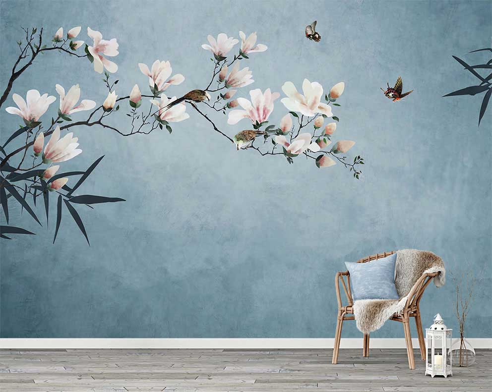 Çiçek ve Kuş Desenli Duvar Kağıdı