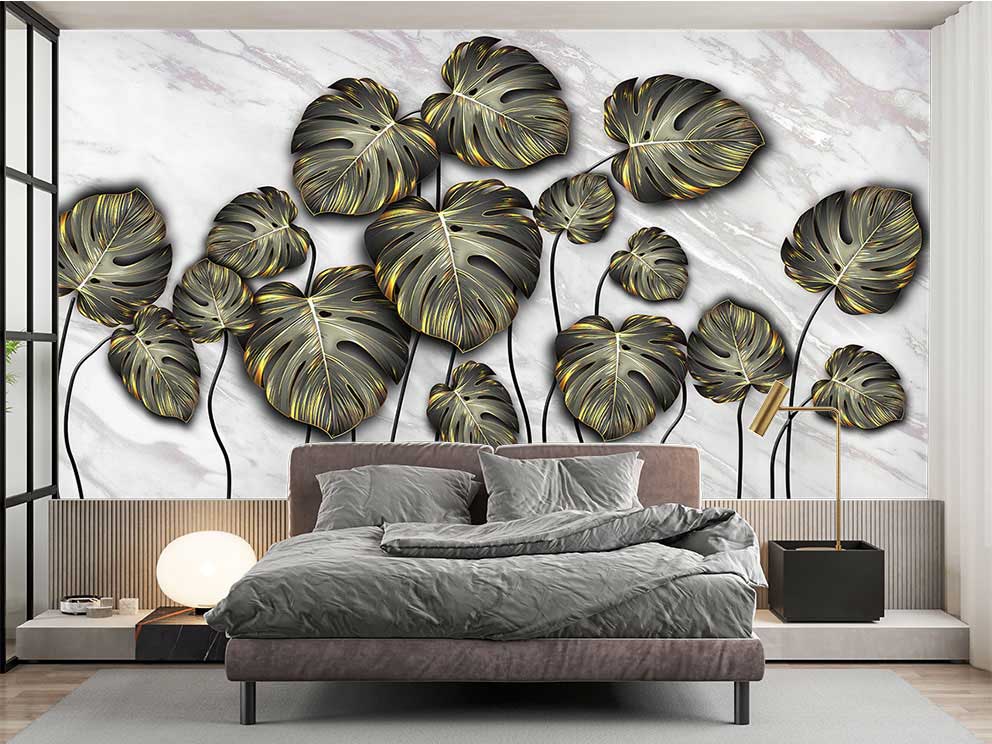 Altın Detaylı Monstera Yaprak Desenli Duvar Kağıdı - Görsel 2