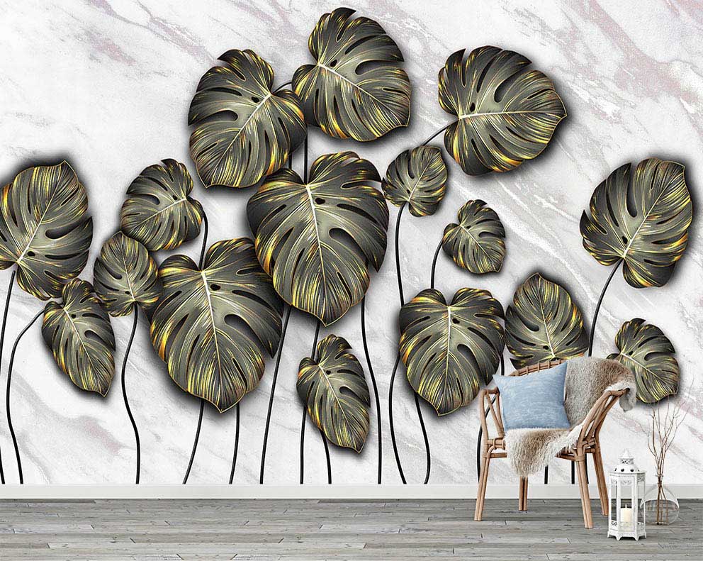 Altın Detaylı Monstera Yaprak Desenli Duvar Kağıdı