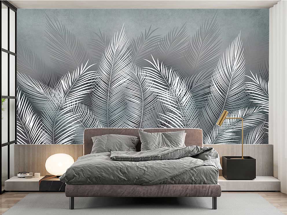 Gri Tonlarda Yaprak Desenli Duvar Kağıdı - Modern ve Minimalist Doğa Temalı Poster - Görsel 2