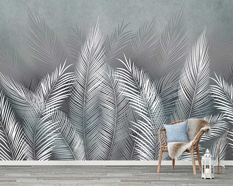 Gri Tonlarda Yaprak Desenli Duvar Kağıdı - Modern ve Minimalist Doğa Temalı Poster