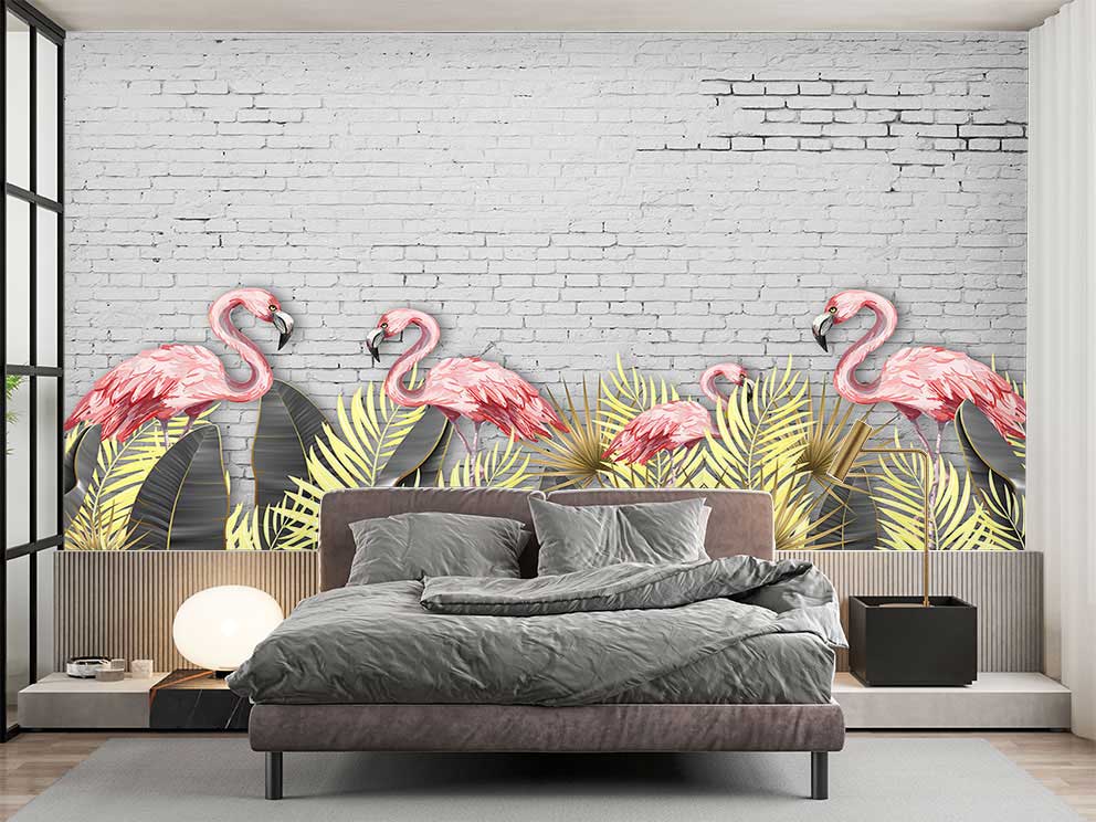 Flamingo ve Tropikal Yaprak Desenli Duvar Kağıdı - Görsel 2