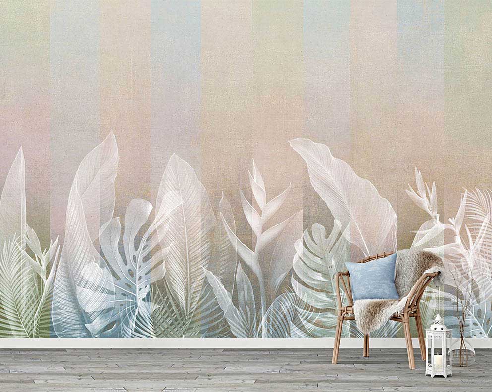 Pastel Tonlarda Yaprak Desenli Poster Duvar Kağıdı